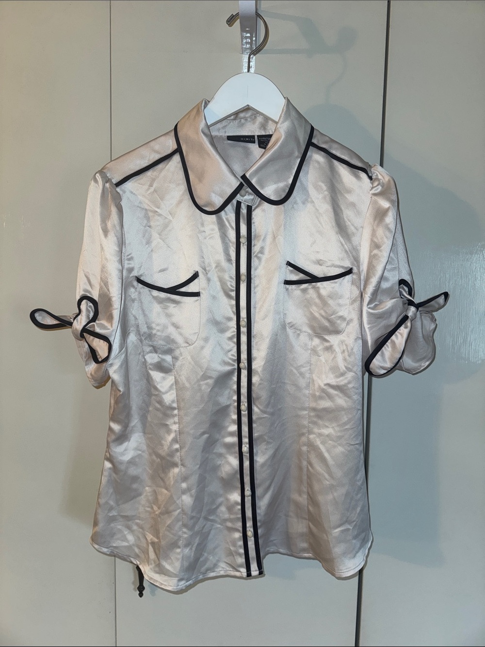 Mixit Ivory Short-Sleeve Satin Blouse with Black Piping